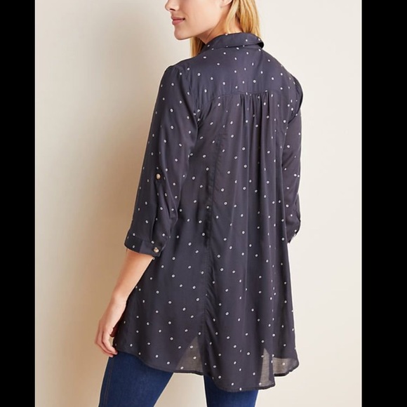 Anthropologie Navy Polka Dot Button-Front Tunic Blouse - Picture 2 of 4